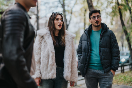 Group of friends having a conversation outdoors in casual winter clothingの写真素材