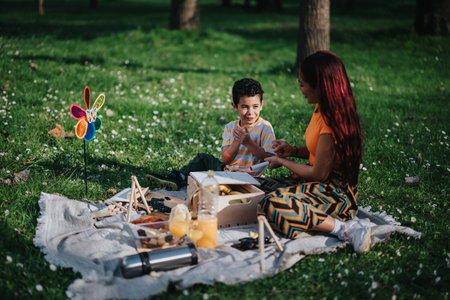 Mother and son enjoying a picnic in the sunny park settingの写真素材