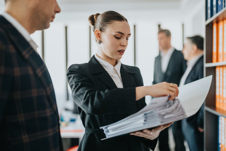 Professional team collaborating in an office environment reviewing important documentsの写真素材