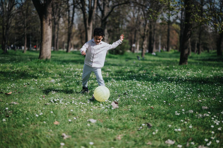 Young boy playing soccer on a sunny day in a lush green parkの写真素材