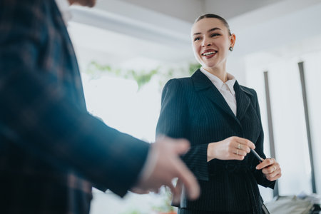 Business people smiling during collaborative workplace meeting in a modern officeの写真素材