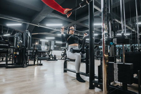 Woman exercising on a weight machine in a modern gym environmentの写真素材