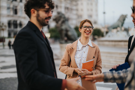Business people brainstorming during outdoor city meetingの写真素材