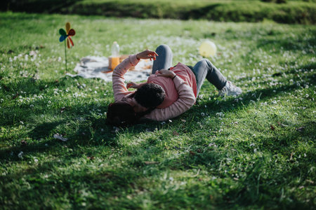 Couple enjoying a peaceful picnic outdoors on a sunny dayの写真素材