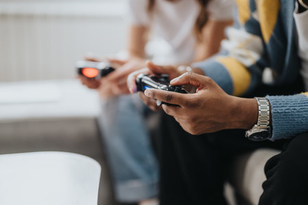 Friends playing video games together at home, enjoying leisure and teamwork