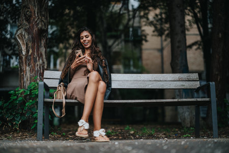 Woman enjoys a pleasant day on park bench with smart phoneの写真素材