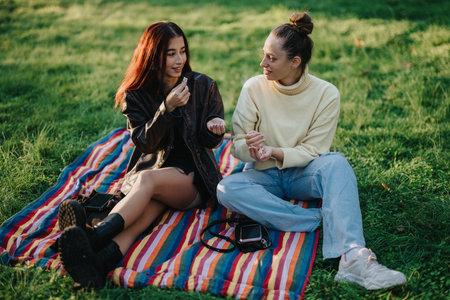 Two friends sharing a moment on a colorful picnic blanket in the parkの写真素材