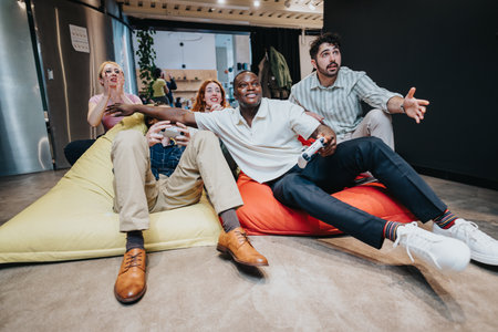 Diverse group of colleagues enthusiastically playing a video game in a cozy living room