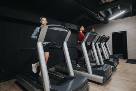 Group of individuals exercising on treadmills in a modern gym settingの写真素材