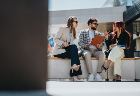 Group of diverse business professionals having discussion in modern open-air settingの写真素材