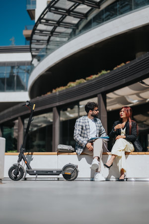 Young professionals conversing beside an electric scooter near a modern buildingの写真素材