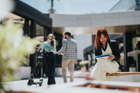 Group of professionals interacting outdoors in a modern urban environmentの写真素材