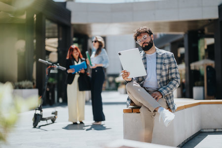 Professional individual using tablet outdoors near colleagues in urban environmentの写真素材