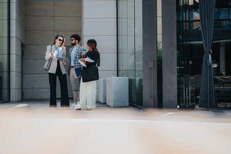 Group of business professionals having a discussion outdoors in modern settingの写真素材