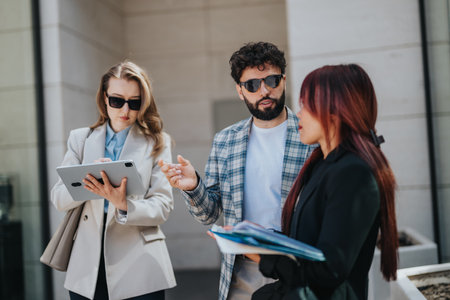 Group of diverse professionals collaborating outdoors using technology and documentsの写真素材