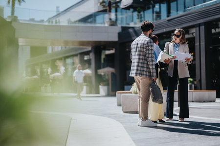 Three business professionals discussing documents outdoors in a modern urban settingの写真素材
