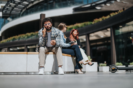 Business professionals and entrepreneurs interacting outdoors with urban modern architectureの写真素材