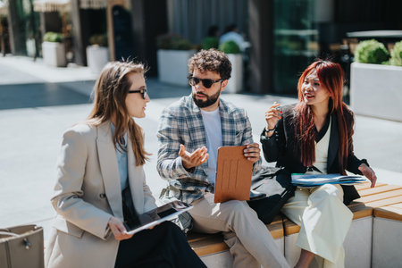 Diverse colleagues discussing business ideas outdoors in an urban settingの写真素材