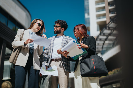 Business professionals discussing documents outdoors in a city environmentの写真素材