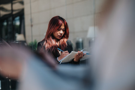 Focused young woman writing notes outdoors in a casual environmentの写真素材