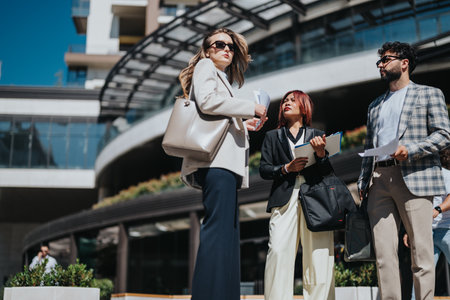 Group of professionals discussing business plans outdoors near a modern buildingの写真素材