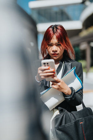 Young professional woman focused on phone in bright outdoor settingの写真素材