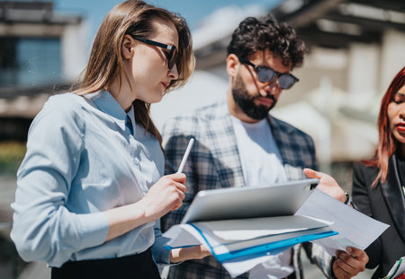 Business professionals collaborating outdoors on a project with documents and technologyの写真素材