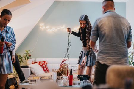 Friends gathering and decorating a living room with lights for a celebrationの写真素材