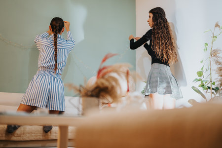 Two sisters decorating a room with string lights for a celebration or gathering