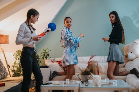 Family celebrating a birthday party in a cozy home with joyful expressionsの写真素材