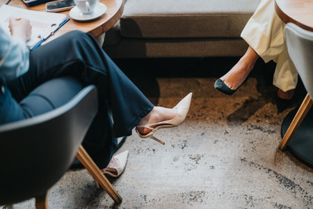 Business associates having a meeting in a casual cafe setting over coffeeの写真素材