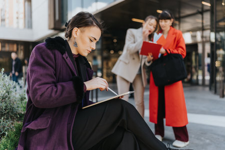 Three businesswomen working outdoors, discussing projects and taking notes in a professional environmentの写真素材