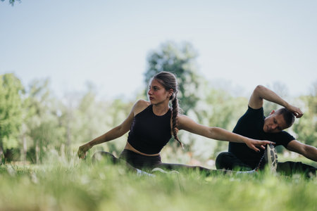 Couple practicing fitness and stretching exercises outdoors in a serene park settingの写真素材