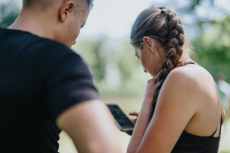Two people discussing a workout plan outdoors in a sunny park settingの写真素材