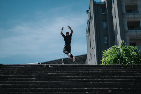 Action shot of a person mid-jump on urban stairs