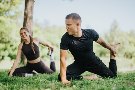 Young couple exercising together in a park setting on a sunny day