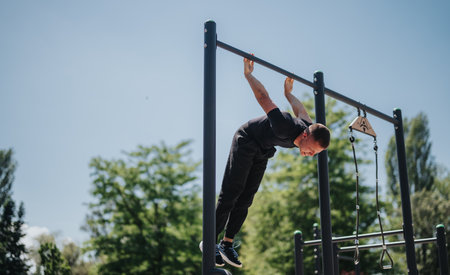 Man performing gymnastic exercise on park outdoor workout equipment on a sunny day