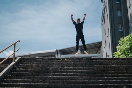 Man joyfully jumping outside on urban staircase under clear blue sky