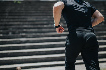 Rear view of person running upstairs wearing black sports attire outdoors