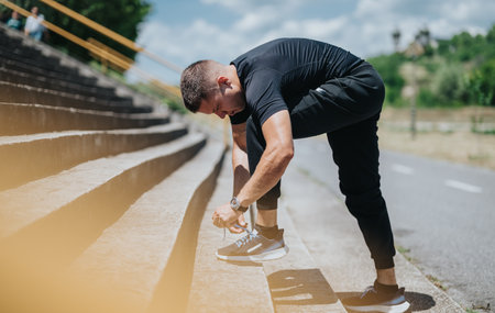 Man tying shoelaces on outdoor stairs for a fitness activityの写真素材