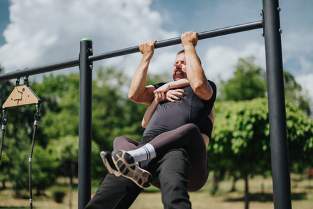 Man and woman exercising together on outdoor pull-up bar in a parkの写真素材