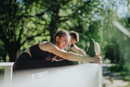 Athletic woman stretching outdoors on a sunny day amidst green natureの写真素材