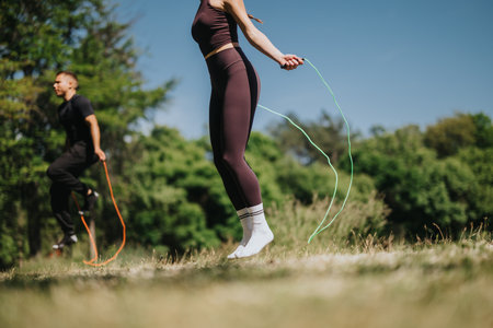 Young couple practicing jump rope exercises outdoors in a green park settingの写真素材