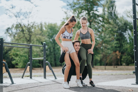 Group of individuals exercising outdoors in a park settingの写真素材