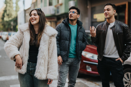 Group of friends enjoying a day out in the city streetsの写真素材