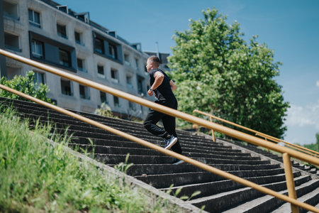Man running up stairs outdoors in an urban park environment on a sunny dayの写真素材