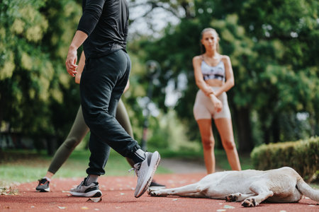 Group of friends exercising outdoors in a park with a dog relaxing nearby on a cloudy dayの写真素材