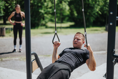 Man performing fitness exercise with resistance bands in an outdoor park setting