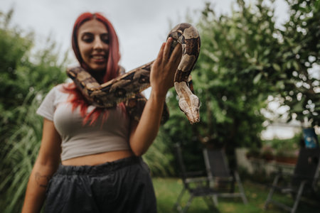 Girl holding a snake in a lush green garden setting
