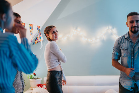 Family enjoying a birthday gathering in a cozy home environment with smiles.の写真素材